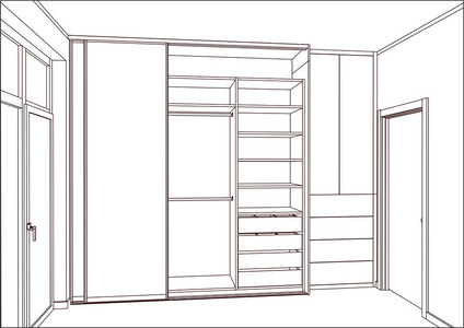 3d 矢量草图。室内有滑动门的空衣柜