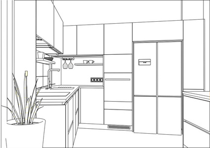 3d 矢量草图。家居室内的现代厨房设计