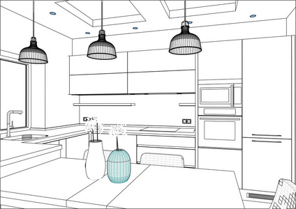素描的抽屉里三维矢量草图. 家庭内部的现代厨房设计.