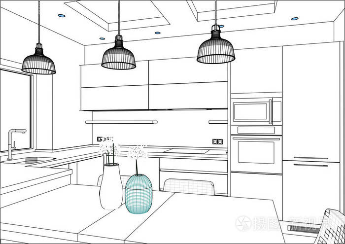 插画 三维矢量草图. 家庭内部的现代厨房设计. 厨房素描与装饰和用具.