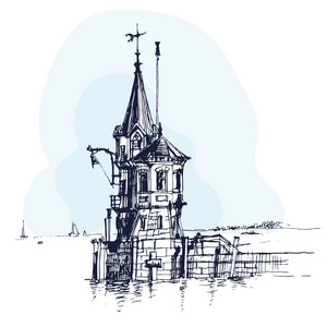 手绘灯塔在湖岸, 海城市剪影