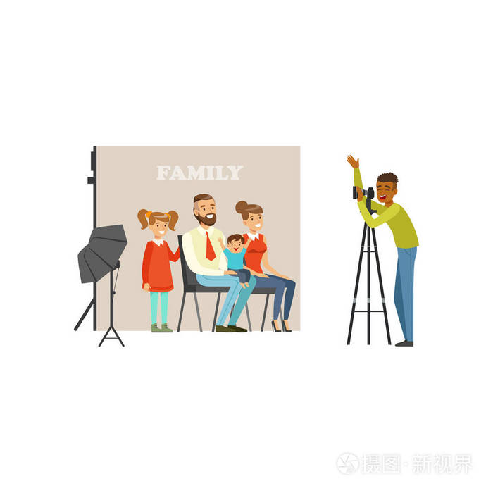 插画 摄影棚拍摄的家庭照片.