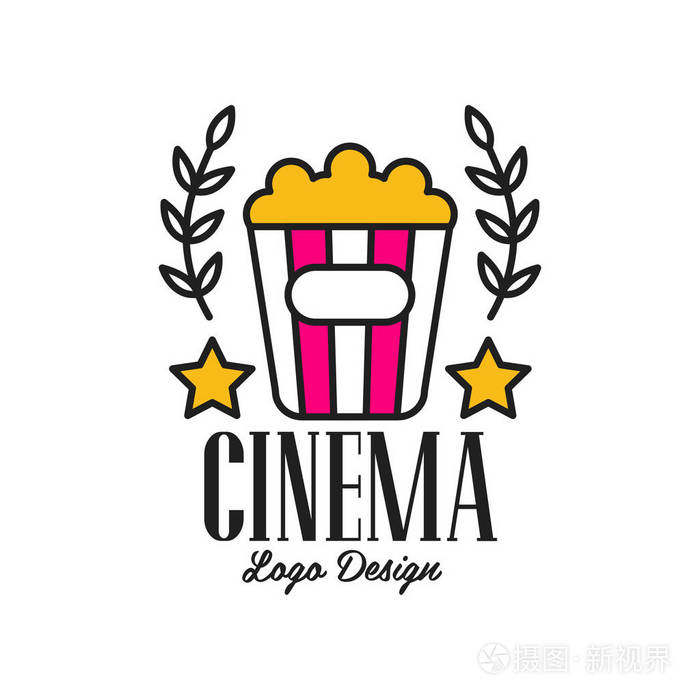 丰富多彩的抽象电影或电影标志模板创意设计与爆米花, 明星和月桂树枝
