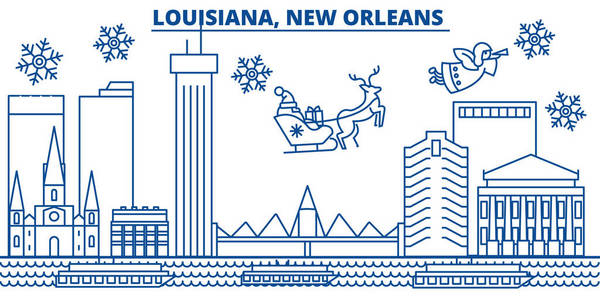 美国路易斯安那州新奥尔良冬季城市天际线圣诞快乐, 新年装饰横幅。冬天贺卡与雪和圣诞老人。平面, 线向量。线形圣诞插画