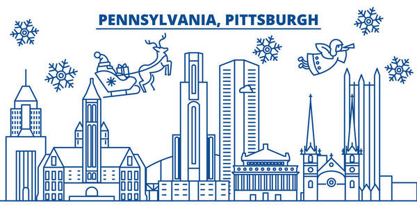 美国, 宾夕法尼亚州, 匹兹堡冬季城市天际线。圣诞快乐, 新年装饰横幅。冬天贺卡与雪和圣诞老人。平面, 线向量。线形圣诞插画