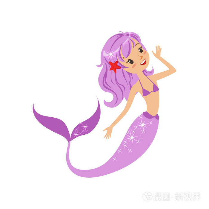五颜六色的美人鱼字符与紫色头发和长的鱼尾巴.