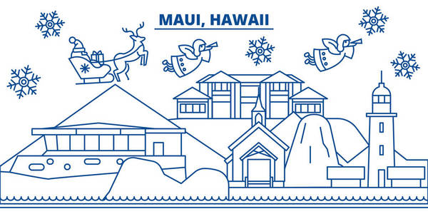 美国, 夏威夷, 茂宜冬城天际线。圣诞快乐, 新年装饰横幅。冬天贺卡与雪和圣诞老人。平面, 线向量。线形圣诞插画