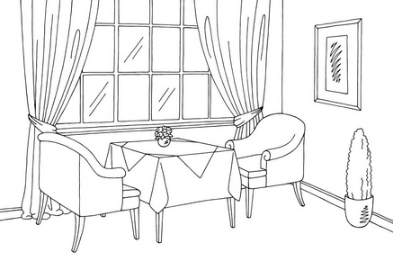 餐厅平面黑白内部草图插图照片