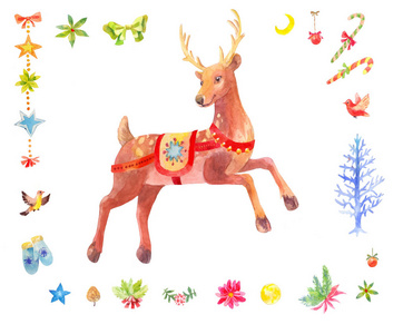 水彩圣诞鹿和其他冬季元素图片