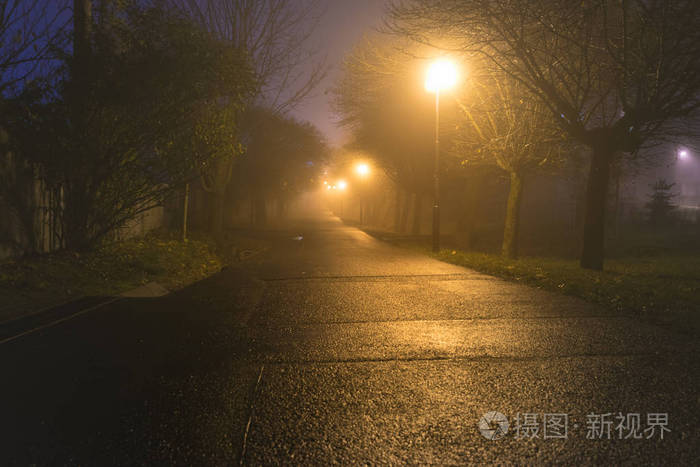 在雾蒙蒙的寒冷夜晚黑暗的小巷被路灯照亮