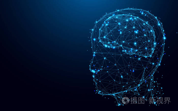 从线和三角形抽象头部和大脑, 点连接网络在蓝色背景.图示向量