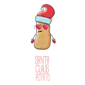 矢量时髦漫画卡通可爱的棕色微笑圣诞老人与红色的圣诞老人在白色背景上孤立的土豆。蔬菜时髦的圣诞节字符