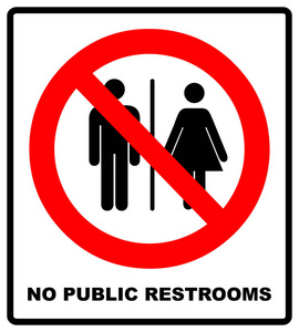 没有公共洗手间的标志。不要大便和的人签字。没有厕所警告红色横幅为室外和森林与男性, 女性剪影。禁止矢量插图在白色上隔离