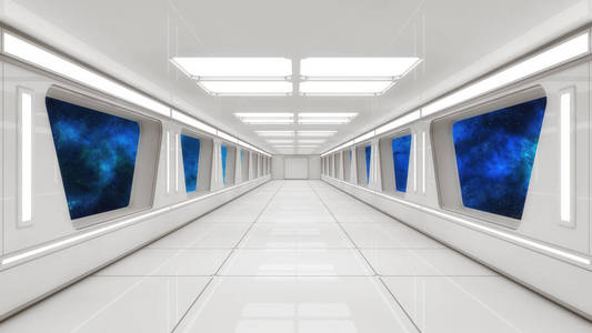 三维渲染。 未来宇宙飞船内部走廊