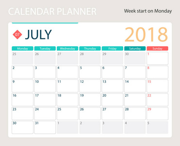 2018年7月, 例证向量日历或书桌计划者, 星期开始在星期一