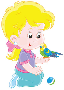 一个微笑的女孩在玩她的小鹦鹉的矢量插图