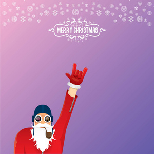 矢量 Dj 摇滚 n 辊圣诞老人与吸烟管, 圣诞老人胡子和时髦的圣诞老人帽子孤立在 violetred 圣诞广场背景与雪花。圣诞