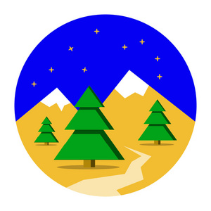 冬山景观与松林。圣诞背景。平面设计, 矢量插图