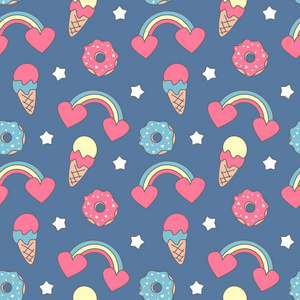 可爱的彩色无缝矢量图案背景插图与彩虹心冰淇淋甜甜圈和明星。