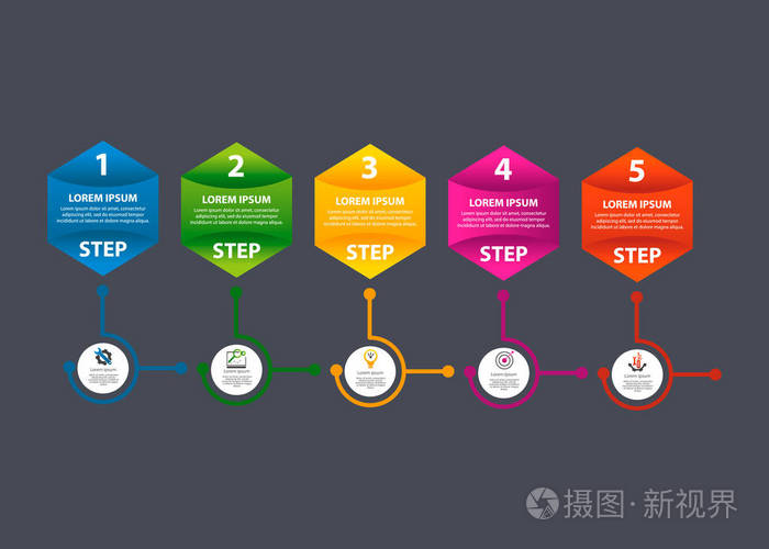 六角形的模板的信息与圆圈在五阶段.包含图标和文本.