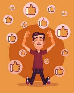 快乐微笑的男人性格得到很多喜欢. 矢量卡通插图照片