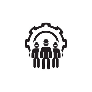 工程团队图标.三人和齿轮.开发符号照片
