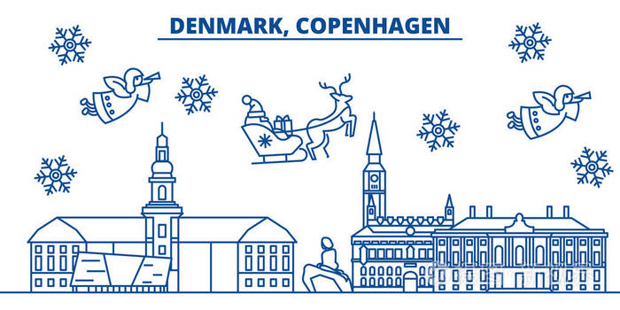 丹麦哥本哈根冬季城市天际线圣诞快乐新年装饰与圣诞老人的旗帜冬季