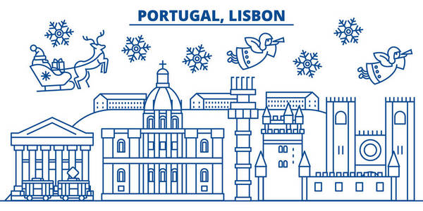 葡萄牙, 里斯本冬天城市天际。圣诞快乐, 新年装饰与圣诞老人的旗帜. 冬季问候线卡。平面, 轮廓向量。线形圣诞雪景插图