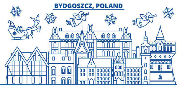 波兰, 哥什的冬季城市天际线。圣诞快乐, 新年装饰与圣诞老人的旗帜. 冬季问候线卡。平面, 轮廓向量。线形圣诞雪景插图