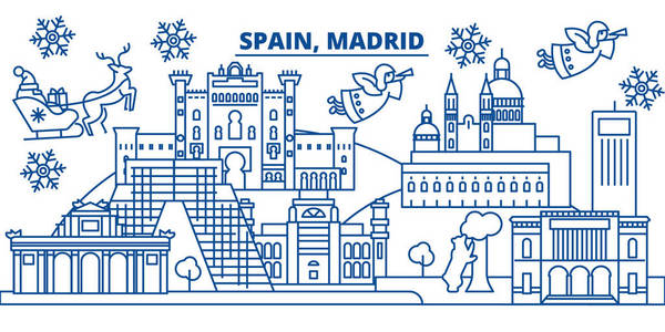 西班牙, 马德里的冬季城市天际线。圣诞快乐, 新年装饰与圣诞老人的旗帜. 冬季问候线卡。平面, 轮廓向量。线形圣诞雪景插图