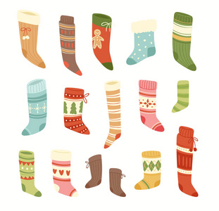圣诞袜子矢量圣诞老人圣诞新年礼物传统基督徒符号 sey 插图不同的纺织品设计食物衣服
