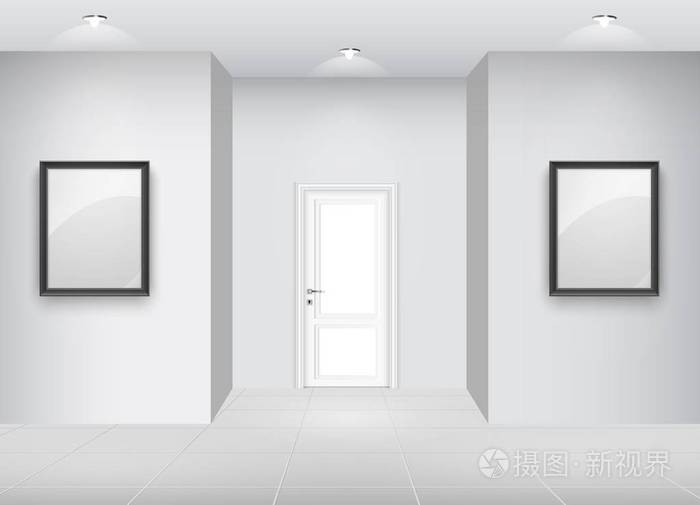 走廊内部的矢量插图，墙上有空框和灯