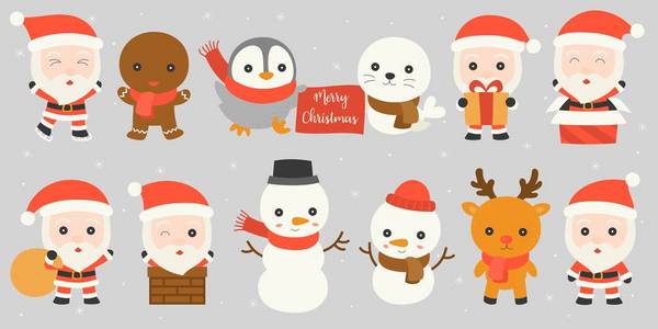 一套圣诞老人，如在烟囱里，玩冰鞋，和冬天的朋友，雪人，驯鹿，企鹅，海豹，姜企鹅，海豹，姜饼人在降雪背景下，平面设计