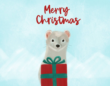 圣诞贺卡手绘与貂皮和红色礼品卡