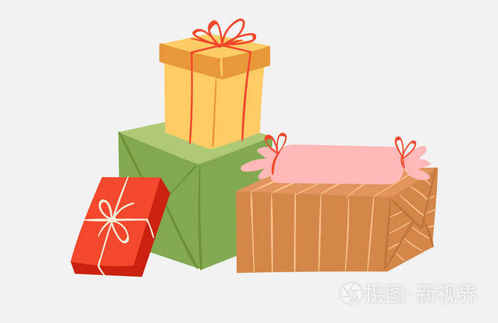 矢量礼品盒堆叠卡通包装为事件问候生日或圣诞节白色插图隔离