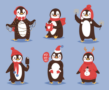 卡通圣诞企鹅圣诞企鹅矢量卡通可爱的小鸟庆祝圣诞节 playfull 快乐的