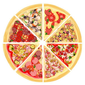 一组各种比萨饼的切片。在白色背景上隔离。香肠, 肉类, 海鲜, 新鲜和腌制的蔬菜, 蘑菇, 奶酪, 番茄酱和蔬菜