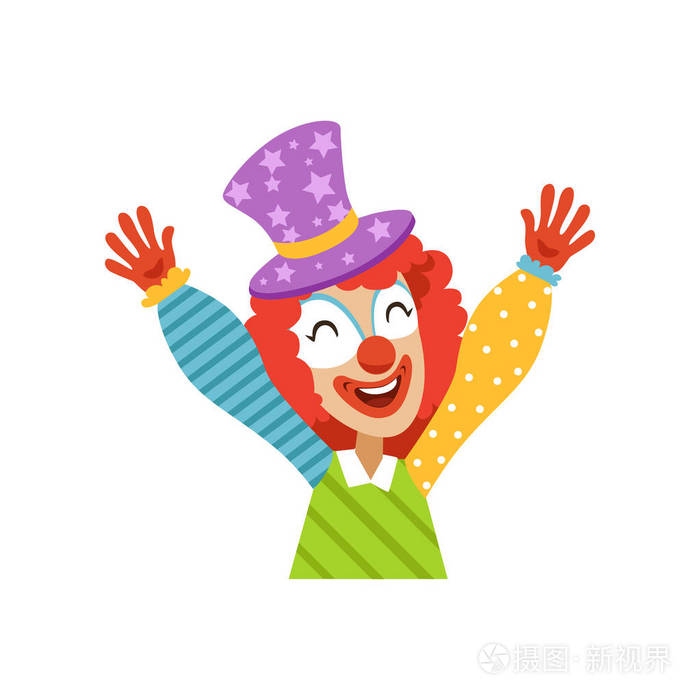 滑稽马戏团小丑举起他的手, 卡通形象友好的小丑在经典的装备矢量插图