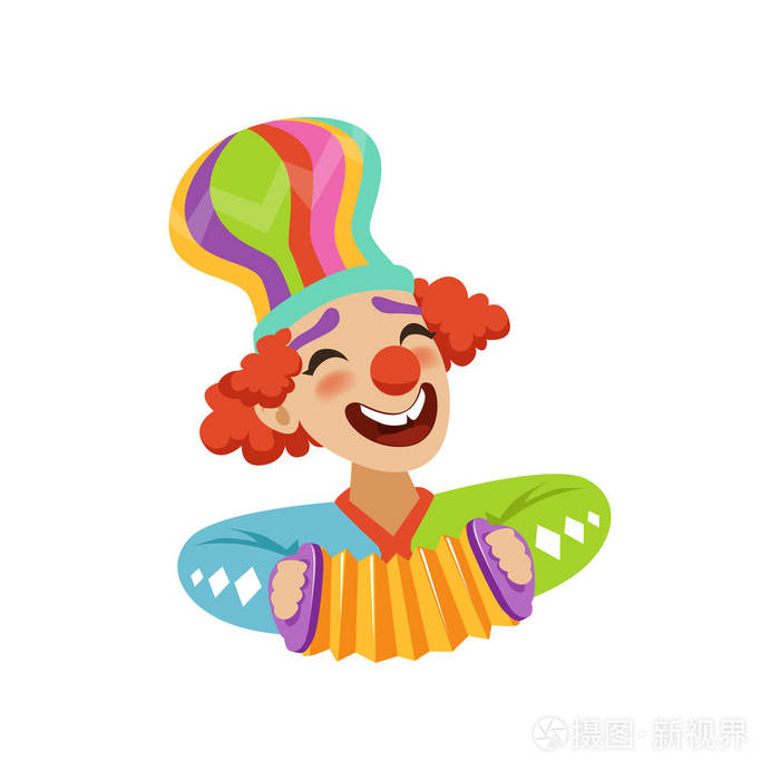 滑稽的马戏团小丑玩谐波, 卡通形象友好的小丑在经典的装备矢量插图