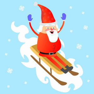 圣诞老人穿着红色的帽子和夹克, 胡子从山上滚落下来, 雪白的雪橇上, 圣诞和新年快乐的矢量插画