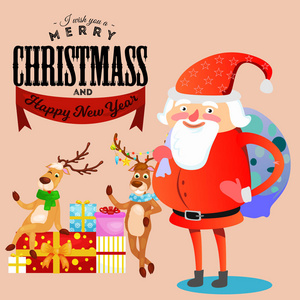 孩子在圣诞老人的手里许愿, 穿着红色西装的男人和他身后的礼物包的胡子爬上烟囱, 雪橇驯鹿驾驭圣诞节的心情, 快乐的雪人矢量插图
