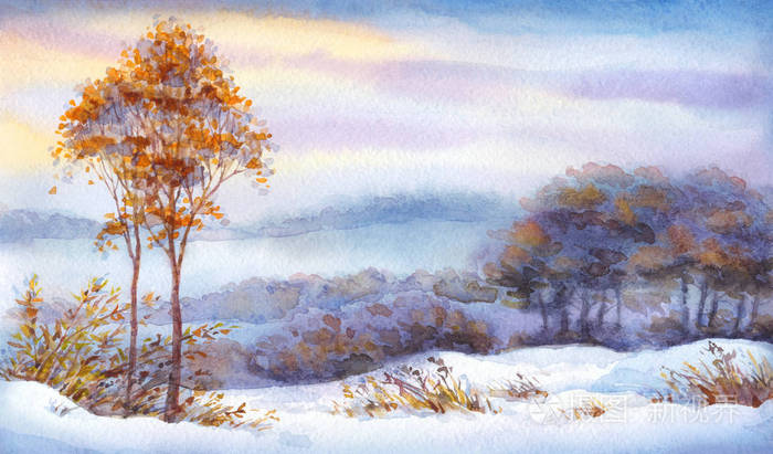 水彩的冬季景观雪覆盖的山谷和树