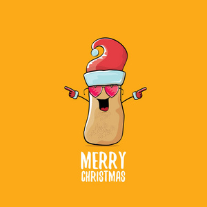 矢量时髦漫画卡通可爱的棕色微笑圣诞老人土豆与红色的圣诞老人帽子和书法欢快的圣诞文本在橙色背景隔离