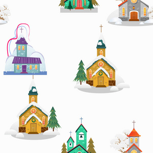 圣诞快乐, 新年幸福无缝模式, 教堂和绿树下雪, 基督教和天主教冬季城市大教堂矢量插图, 宗教圣洁背景