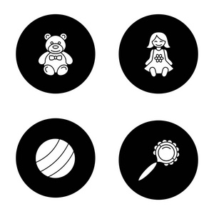 儿童玩具字形图标设置。 泰迪熊宝宝娃娃球拨浪鼓。 矢量白色轮廓插图黑眼圈