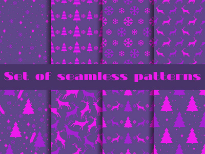 集圣诞树鹿和雪花于一身的圣诞无缝图案。紫外线趋势是2018年的颜色。矢量插图