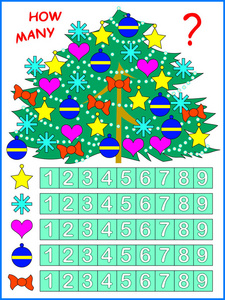 为幼儿锻炼。 需要清点圣诞树上的玩具并涂上相应的数字。 矢量图像。