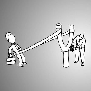 弹弓准备发射到目标和他的同事切割木材矢量插图涂鸦手绘素描手绘制