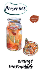 橙色果酱在玻璃罐子, 水彩手画, 媒介例证