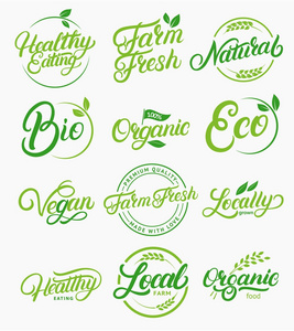集有机, 本地, 新鲜, 自然, 纯素食, 健康的手写字体徽标, 标签, 标志